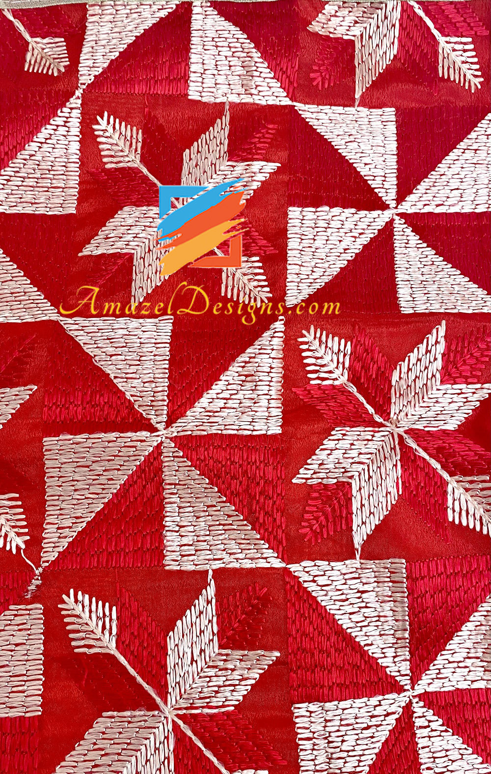 Red Fulkari Four Sided Golden Tissue Lace