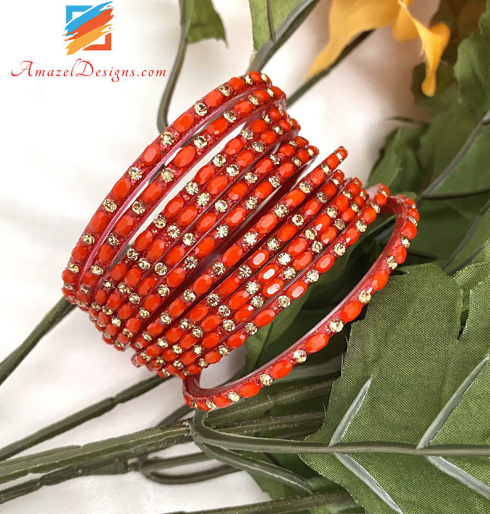 Red Glass Bangles With Stones