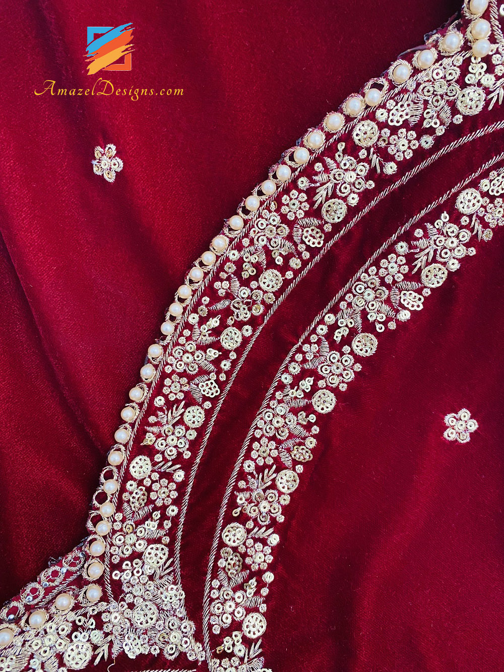 Red Golden Tilla Sitara Beads Cut Work Velvet Shawl