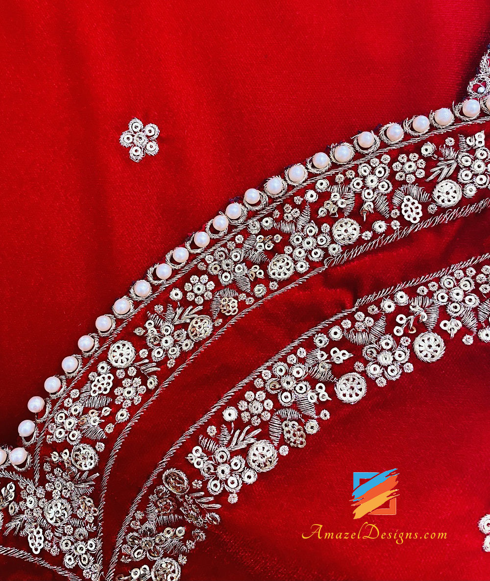 Red Golden Tilla Sitara Beads Cut Work Velvet Shawl