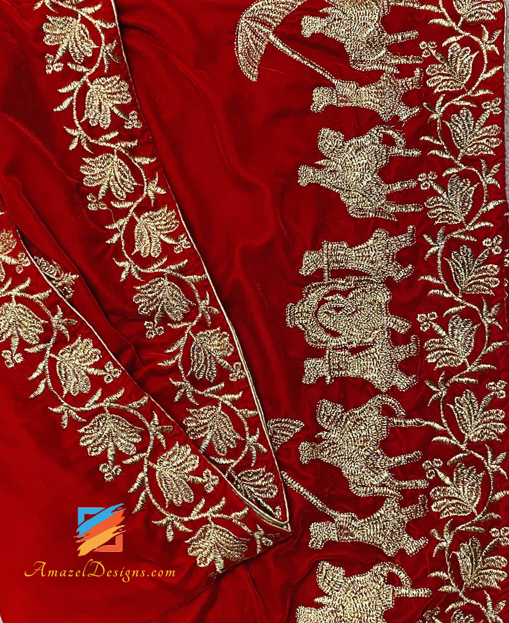 Scialle in Velluto da Sposo Rosso Stola Golden Tilla Work