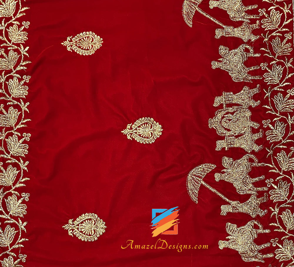 Scialle in Velluto da Sposo Rosso Stola Golden Tilla Work