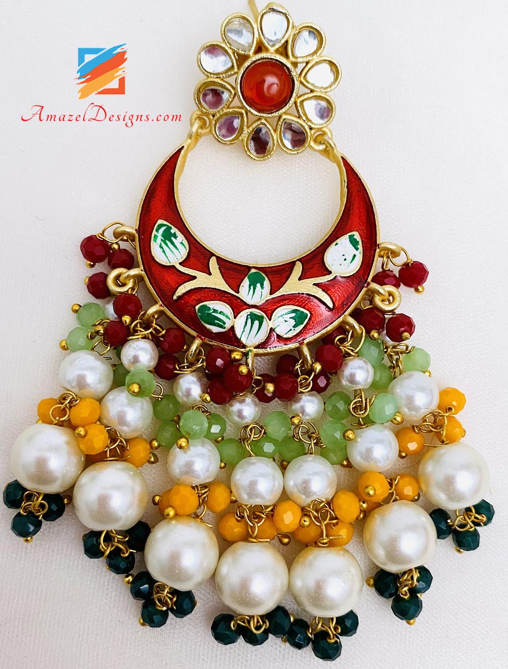 Rot handbemalt mit Perlenbündeln Ohrringe Tikka Set