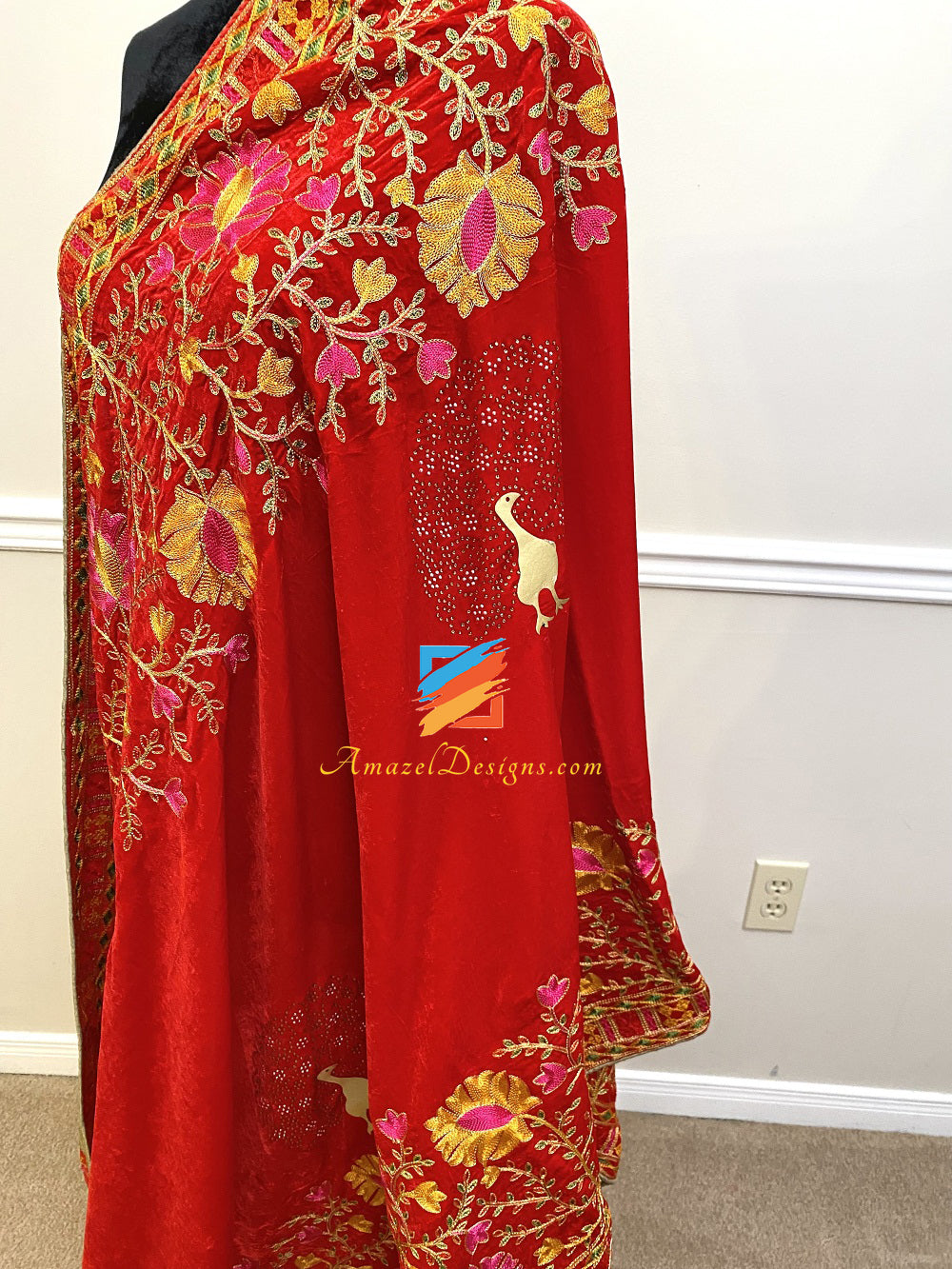 Red Kundan Multi Border Velvet Shawl