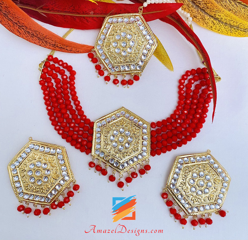 Red Lightweight Kundan Choker Necklace Studs Earrings Tikka Set