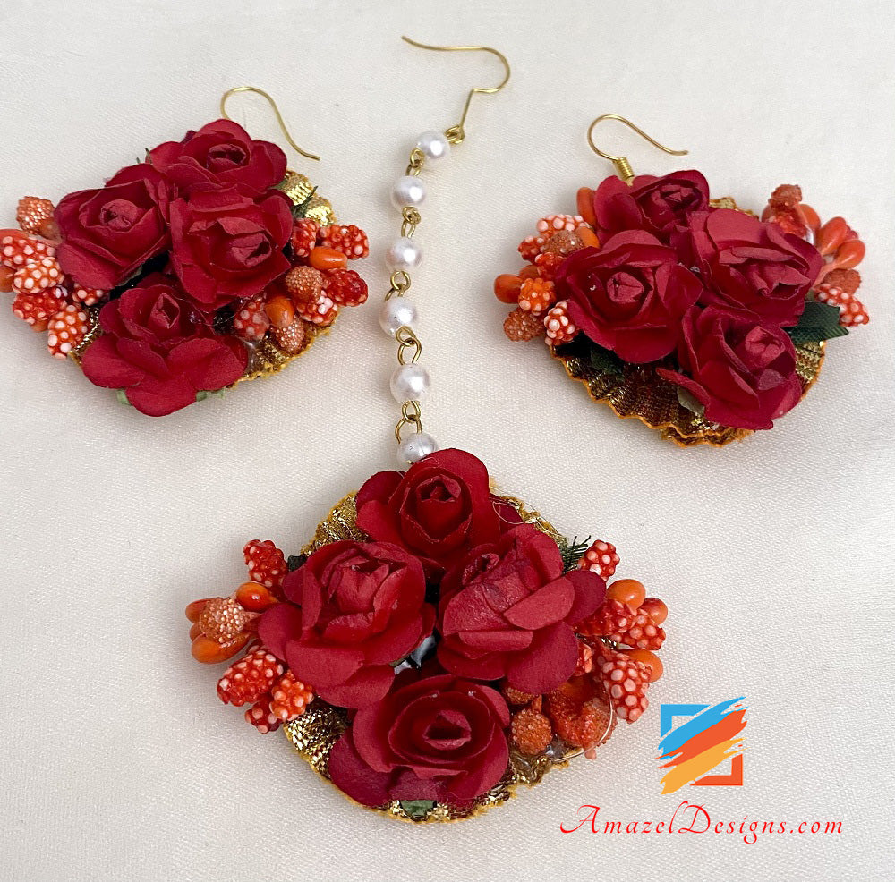 Red Long And Choker Double Necklaces Flower Jewellery
