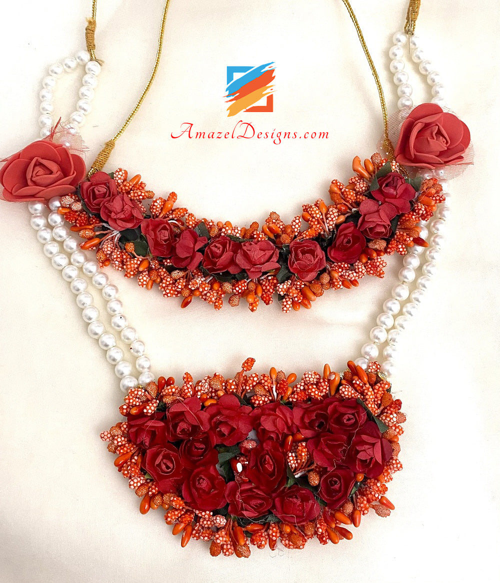 Red Long And Choker Double Necklaces Flower Jewellery