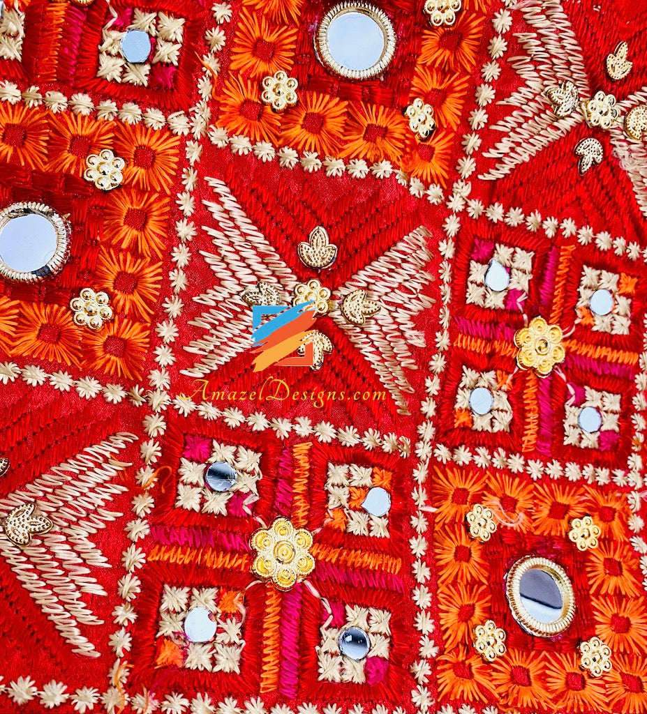 Red Orange Mirrors Fulkari with Samosa Gotta and Ghungroo