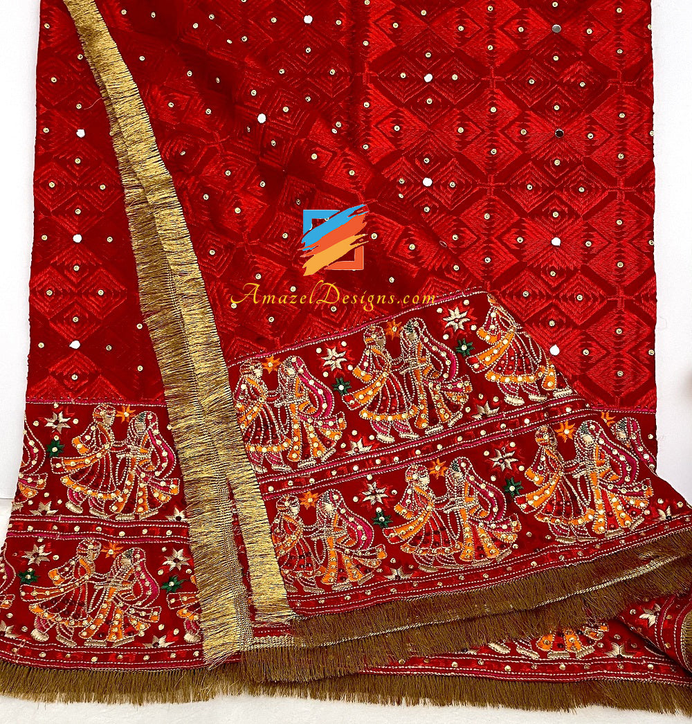 Roter Phulkari Duppatta Mutyara auf beiden Seiten