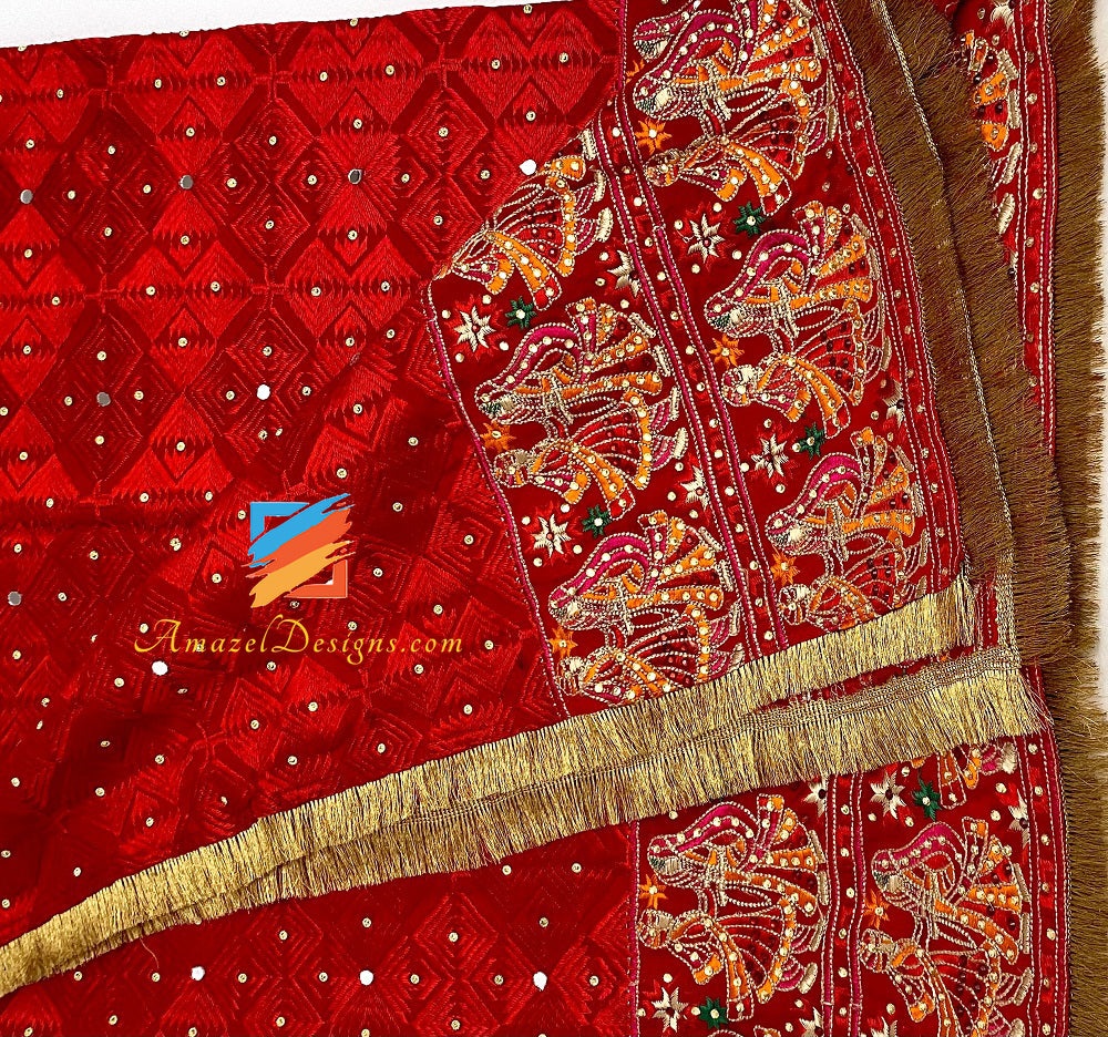 Roter Phulkari Duppatta Mutyara auf beiden Seiten