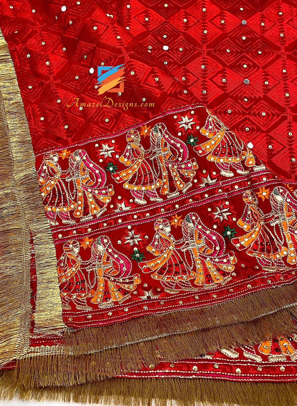 Roter Phulkari Duppatta Mutyara auf beiden Seiten