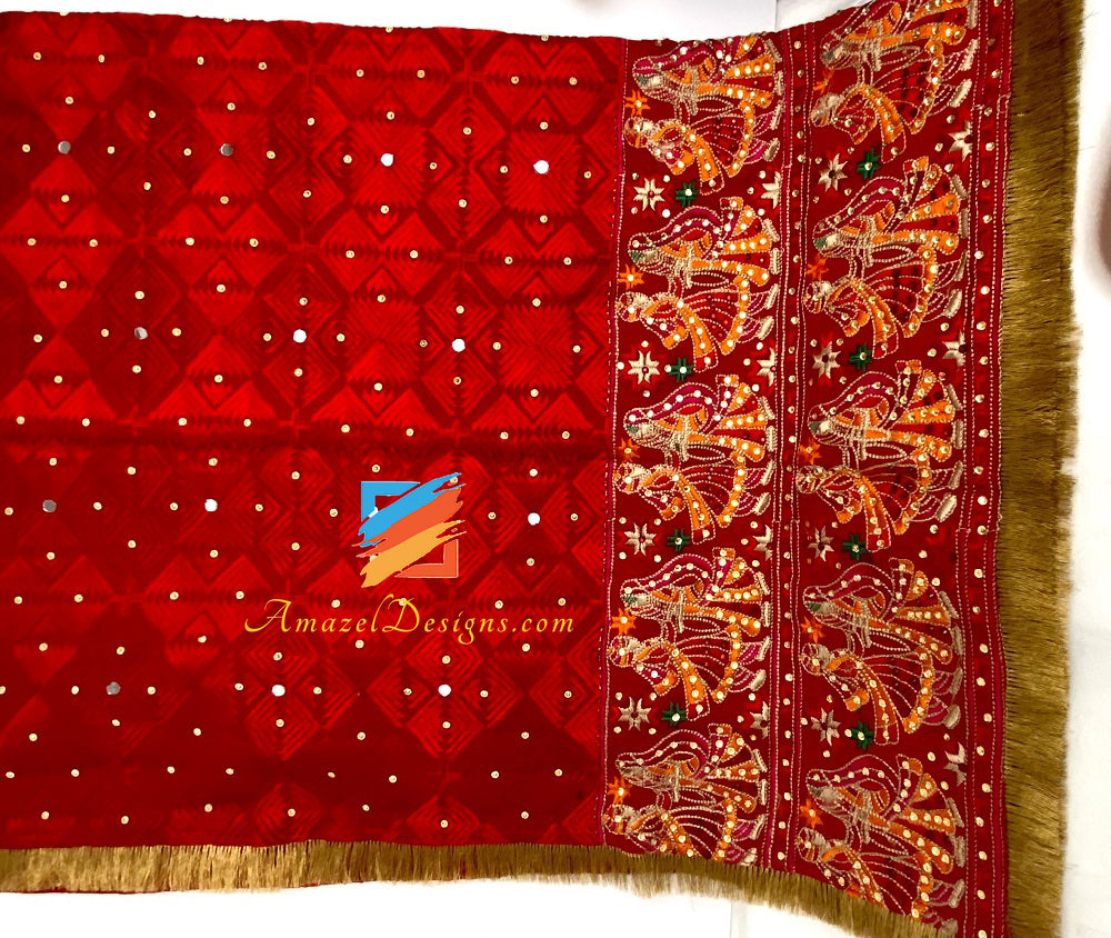 Roter Phulkari Duppatta Mutyara auf beiden Seiten