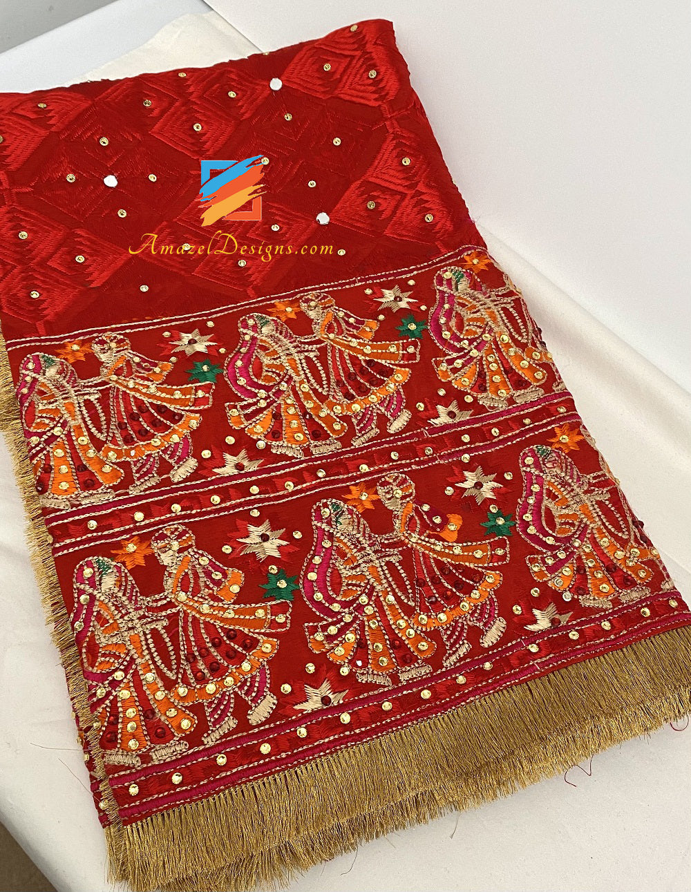 Roter Phulkari Duppatta Mutyara auf beiden Seiten