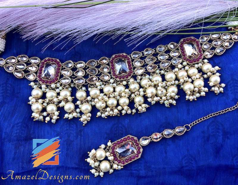 Red Polki Choker with Hanging Beads Jhumkis Earrings Tikka Set