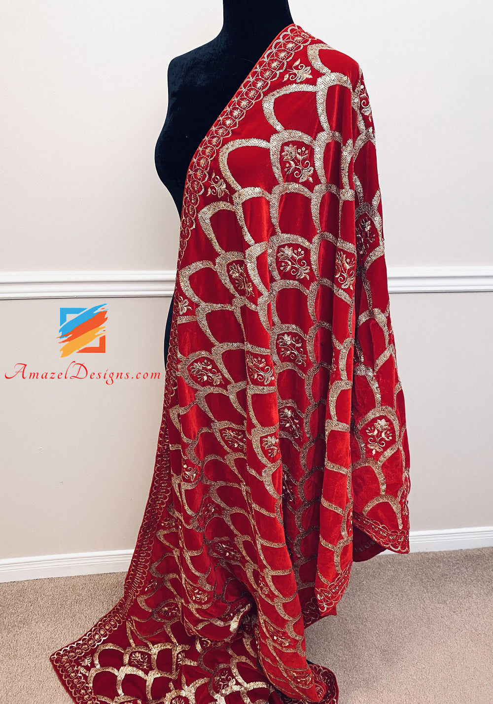 Red Tilla Sippi Sitara Jaal Velvet Shawl
