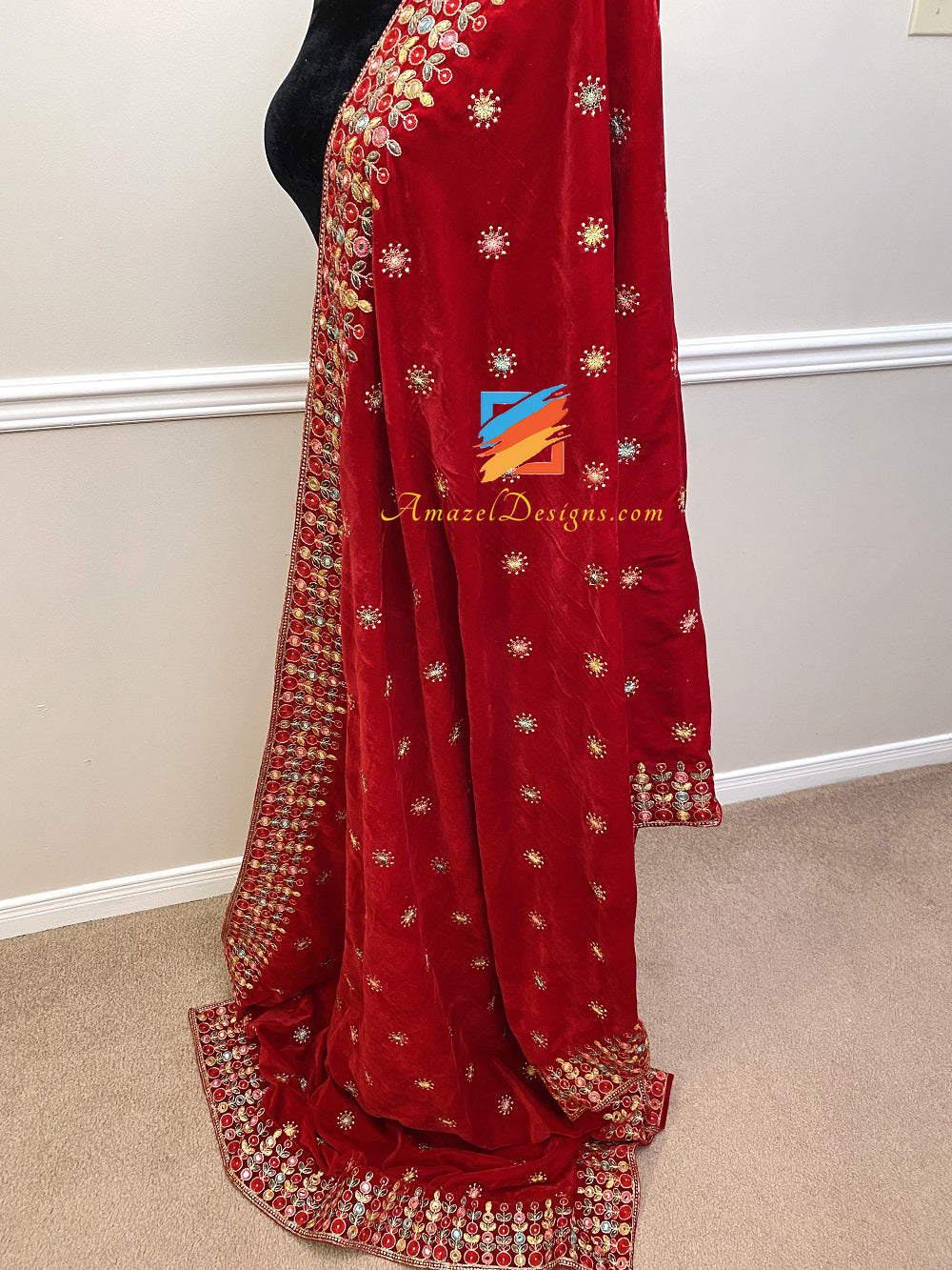 Red Velvet Multicoloured Thread Mirror Tilla Work Shawl