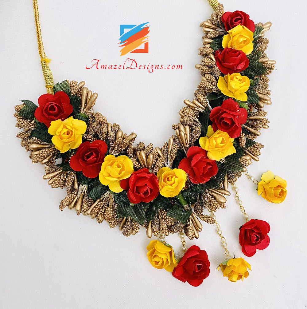 Red Yellow Copper Necklace Earrings Tikka Hand Pieces Set