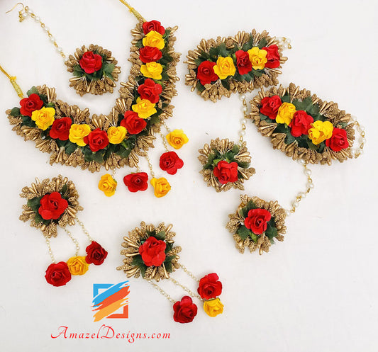 Red Yellow Copper Necklace Earrings Tikka Hand Pieces Set