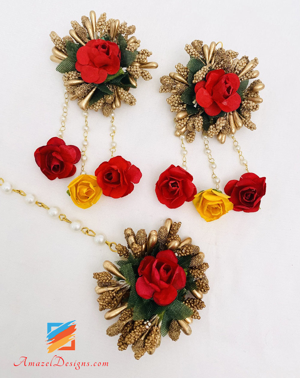 Red Yellow Copper Necklace Earrings Tikka Hand Pieces Set