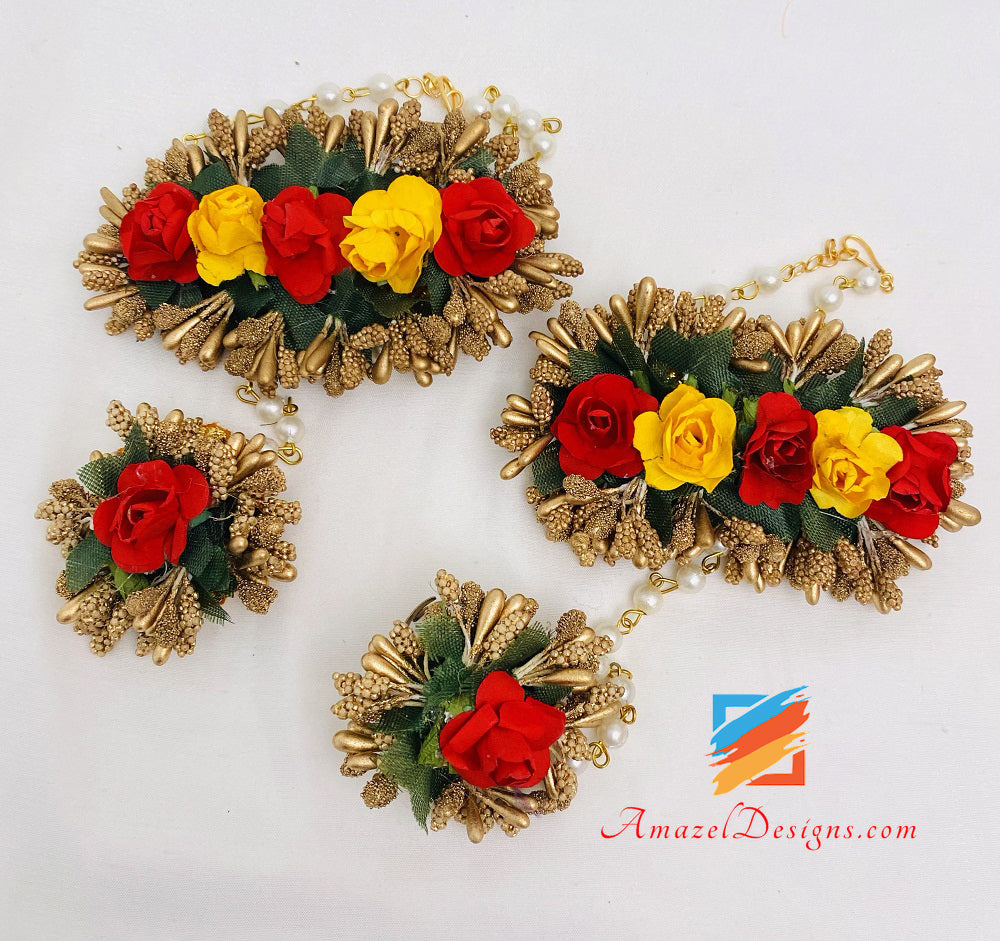 Red Yellow Copper Necklace Earrings Tikka Hand Pieces Set