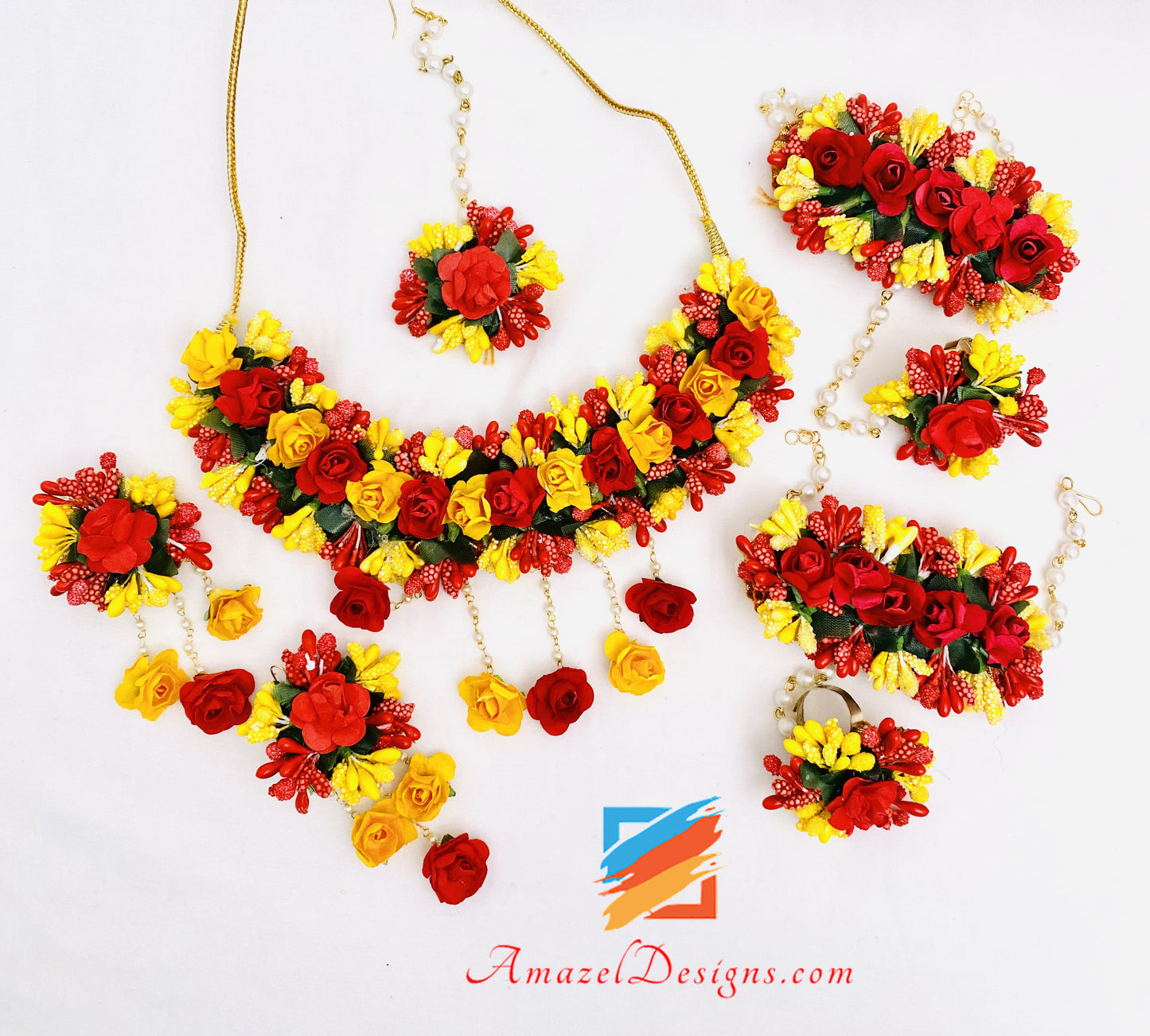 Red and Yellow Necklace Earrings Tikka And Hand Pieces Set