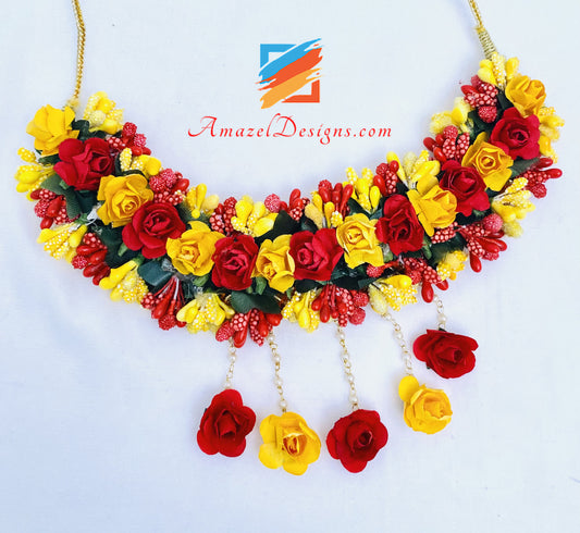 Red and Yellow Necklace Earrings Tikka And Hand Pieces Set
