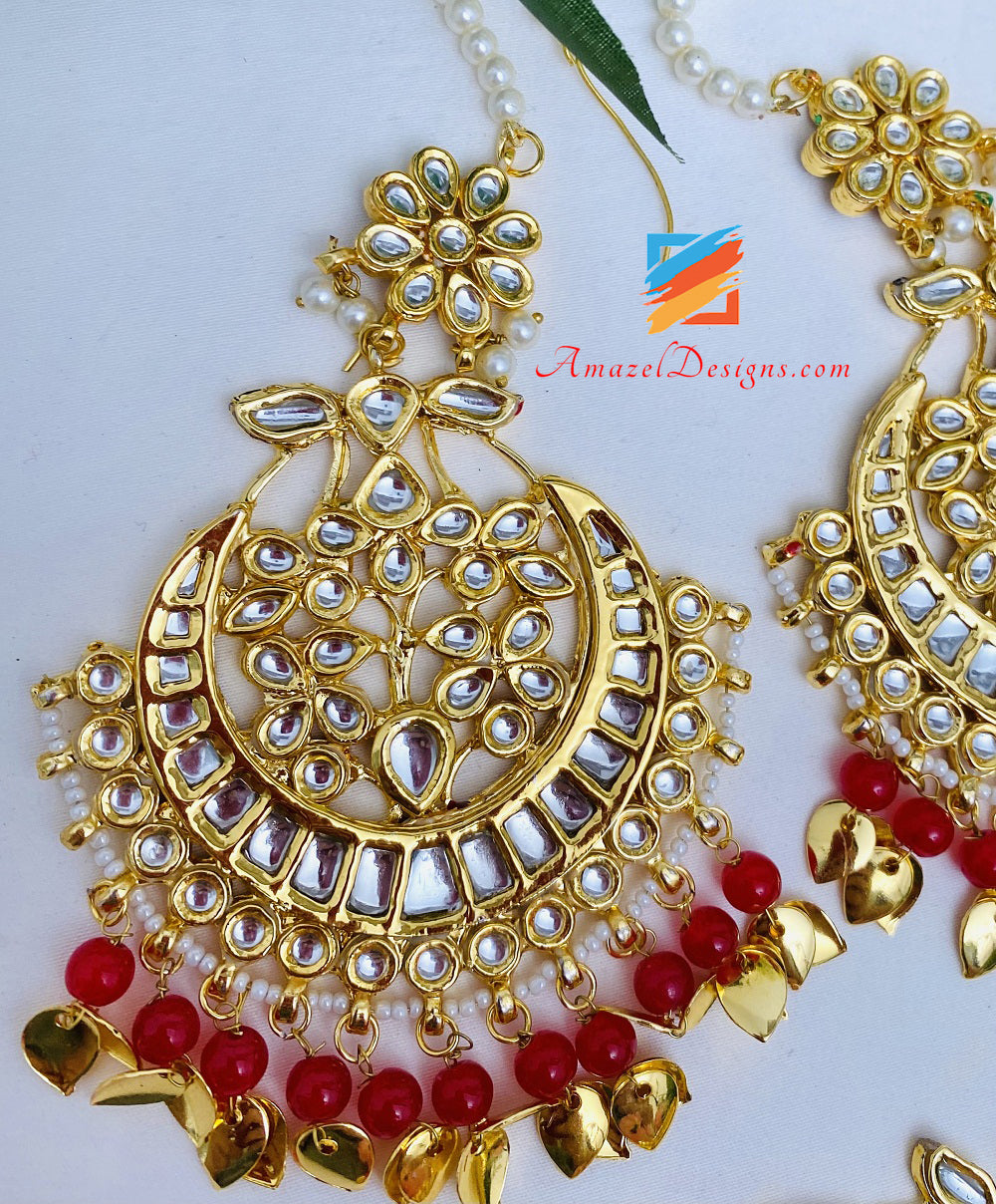 Redish Maroon Golden Kundan Oversized Earrings Tikka Set