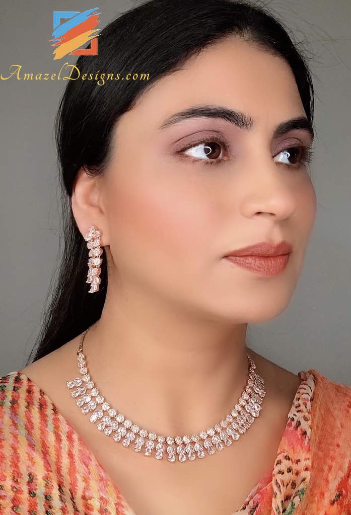 Rose Gold American Diamond (AD) Necklace Earrings Set