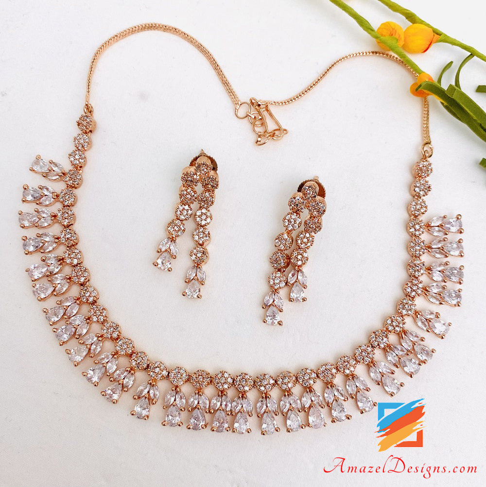 Rose Gold American Diamond (AD) Necklace Earrings Set