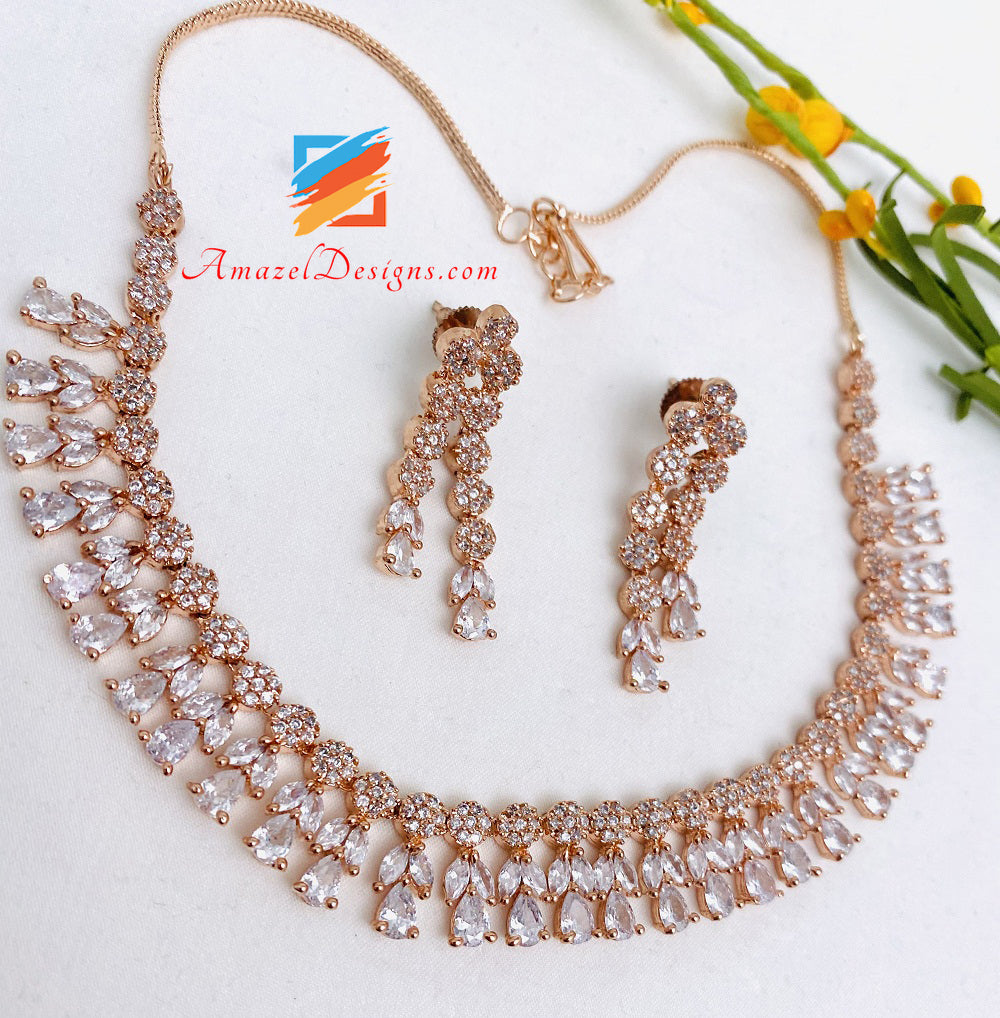 Rose Gold American Diamond (AD) Necklace Earrings Set