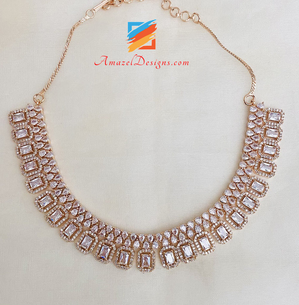 American Diamond Rose Gold Necklace Studs Tikka Set