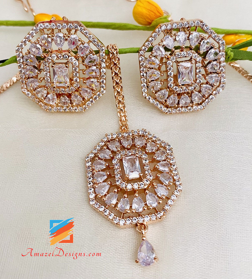 American Diamond Rose Gold Necklace Studs Tikka Set