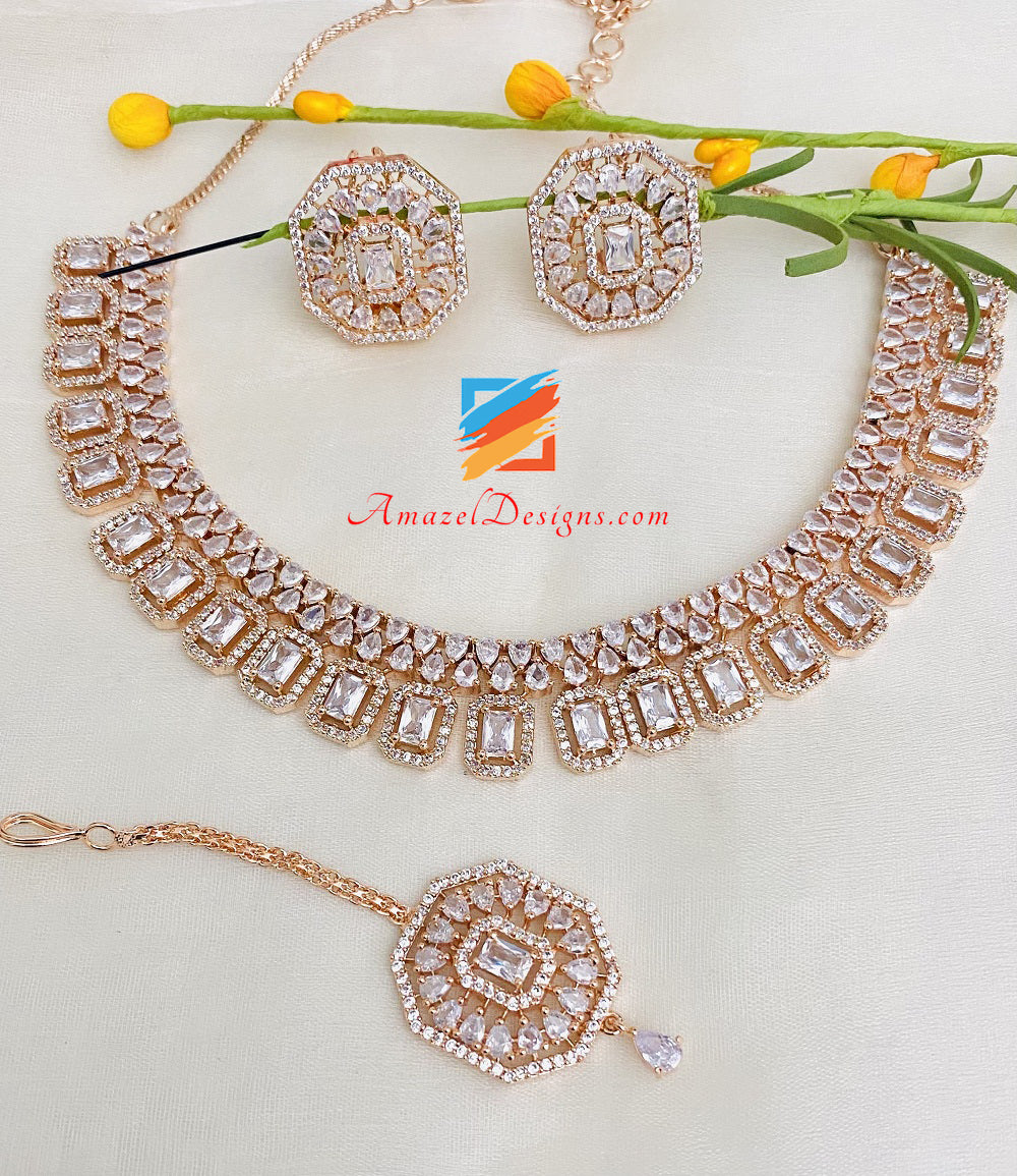 American Diamond Rose Gold Necklace Studs Tikka Set