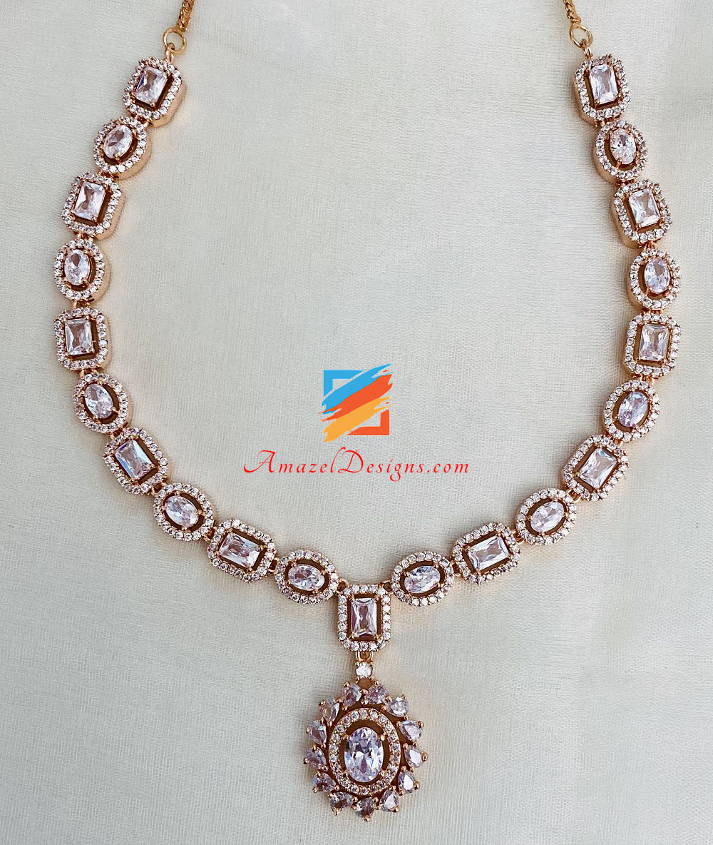 Rose Gold Silver American Diamond AD Necklace Earrings Tikka Set