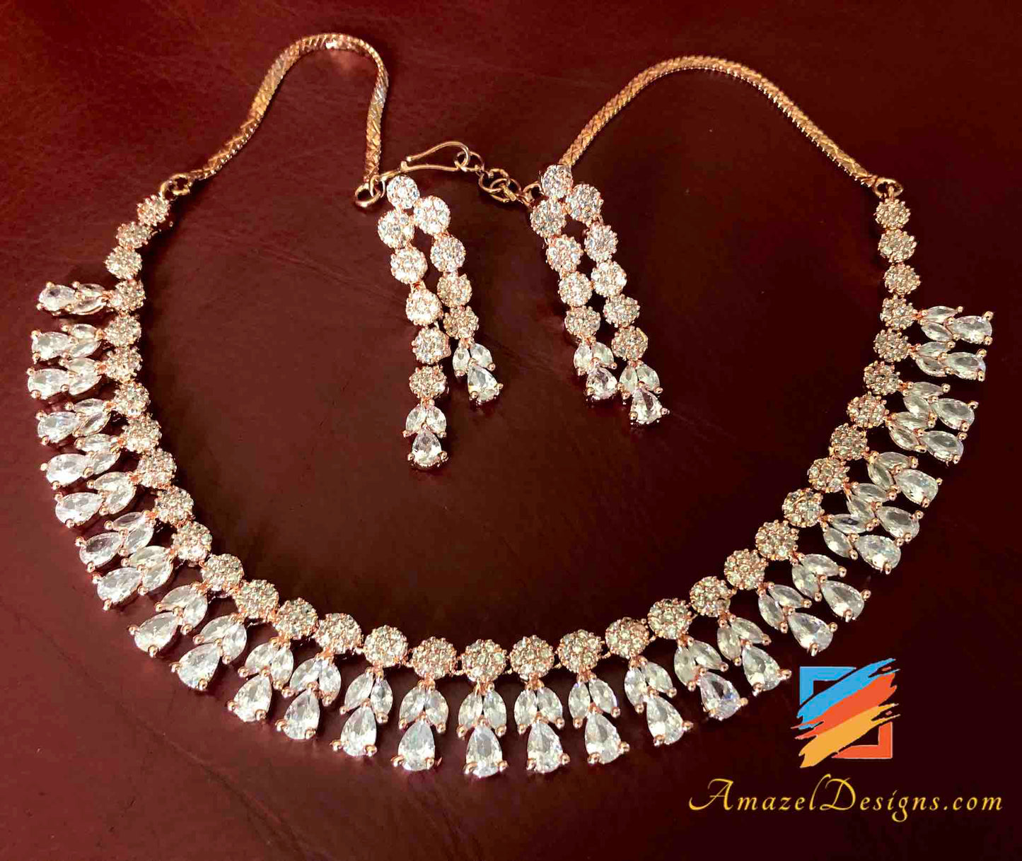 Rose Gold American Diamond (AD) Necklace Earrings Set