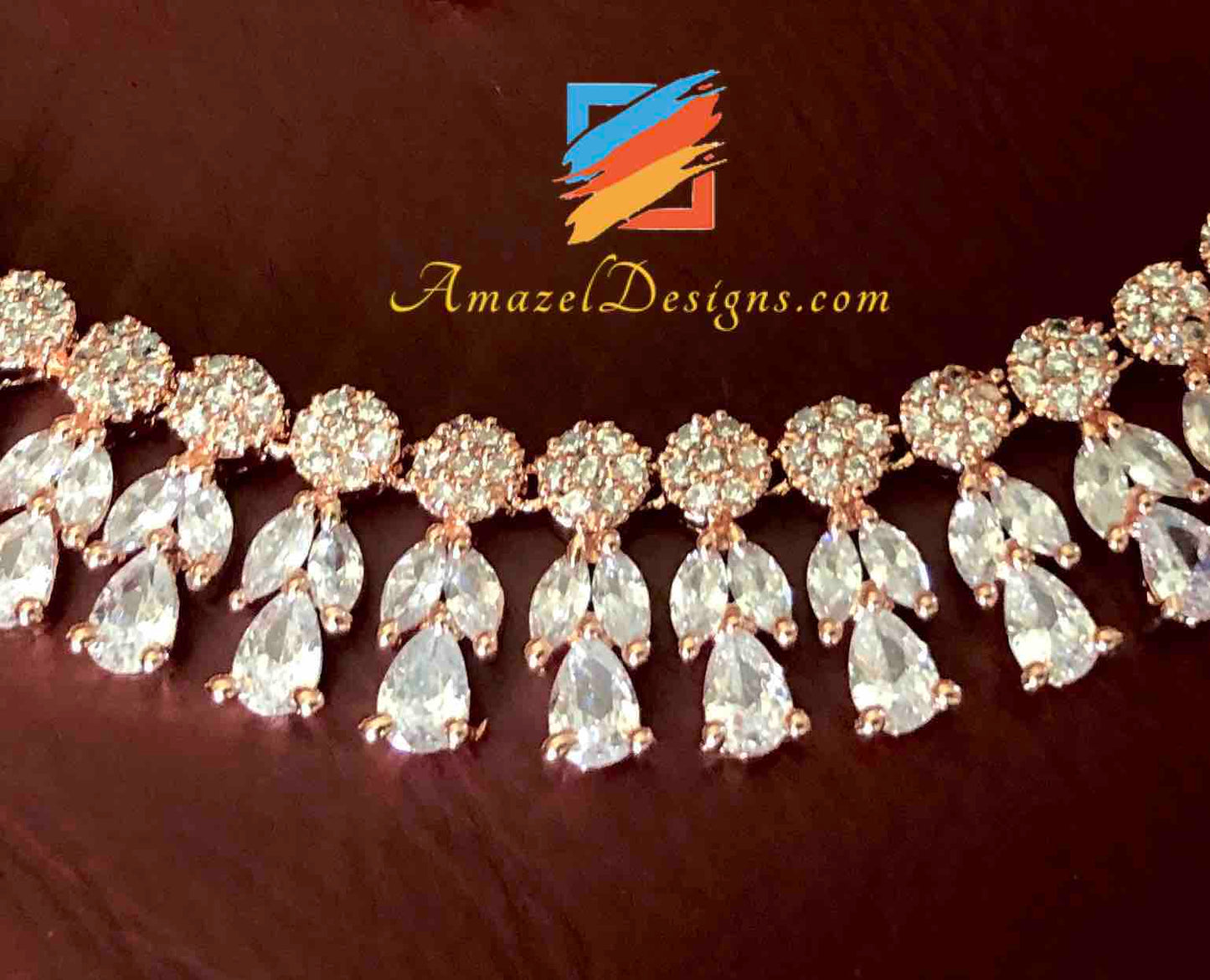 Rose Gold American Diamond (AD) Necklace Earrings Set