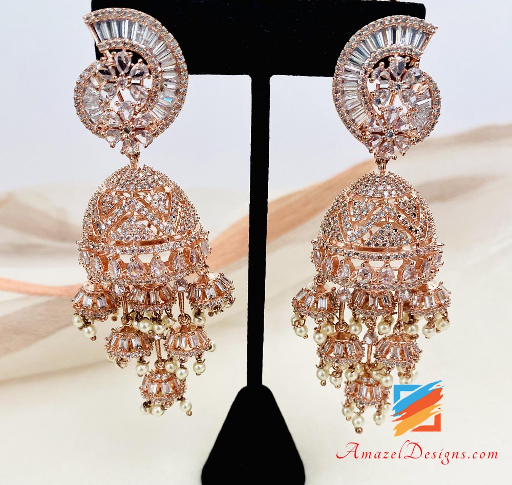 Rose Gold American Diamond (AD) Jhumka Earrings