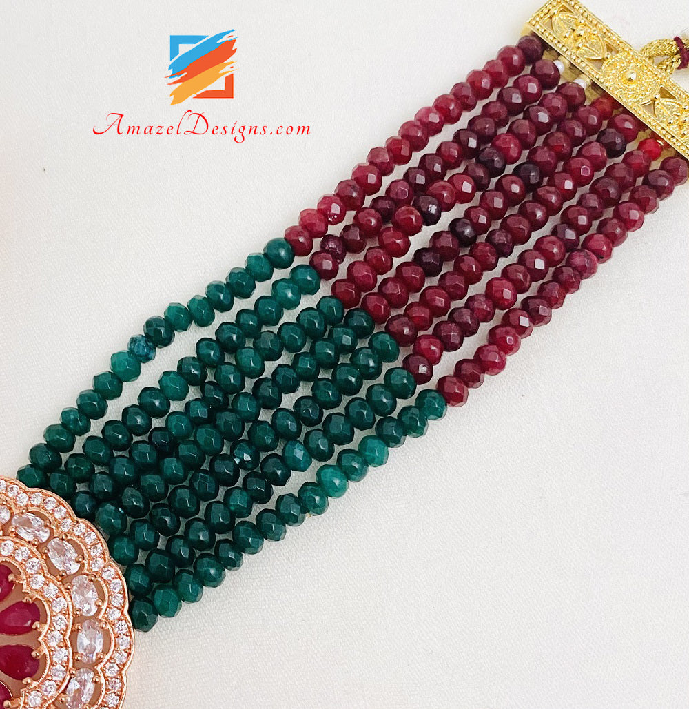 Rosegold American Diamond (AD) Maroon And Green Choker Band Necklace With Studs