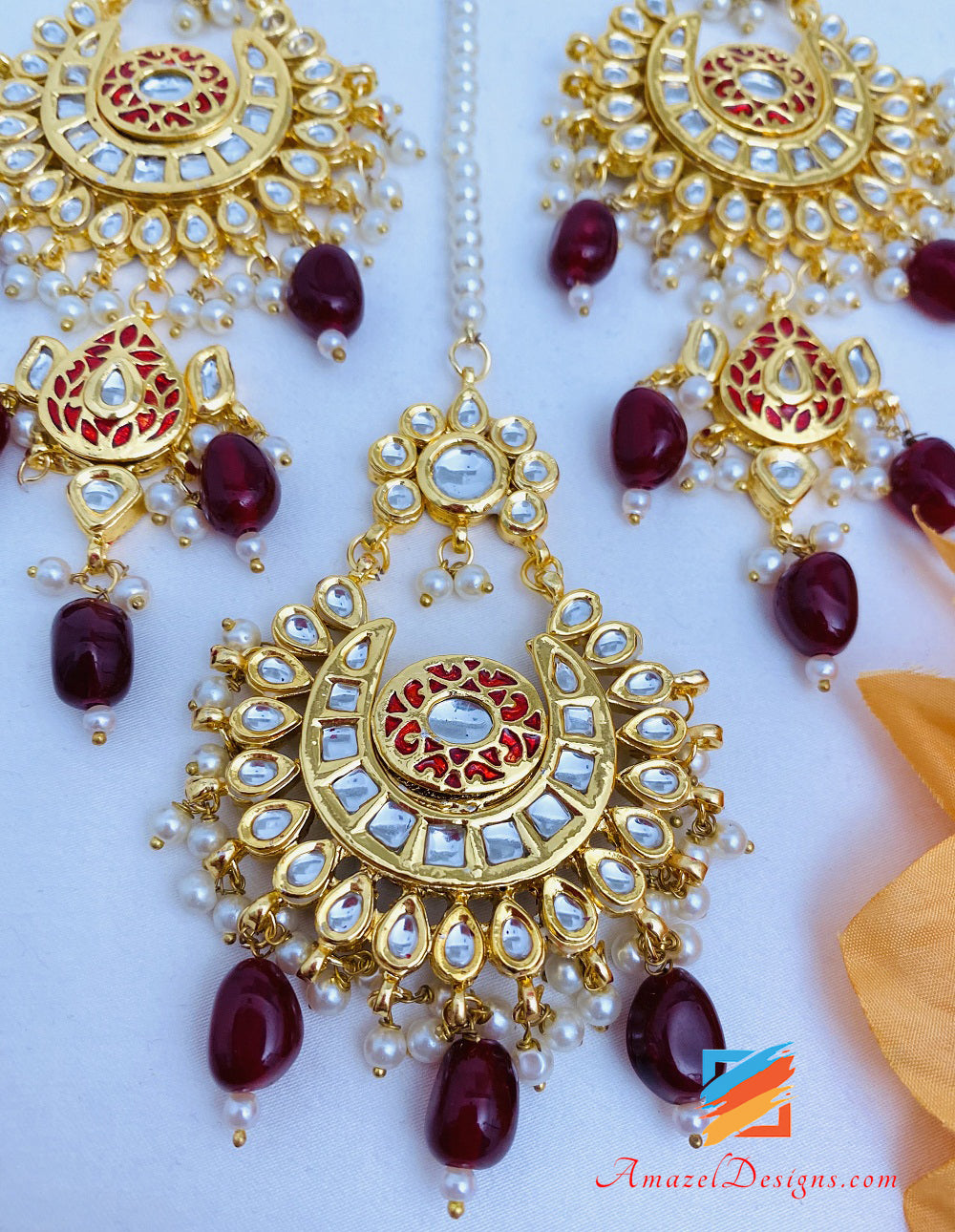 Ruby Maroon Kundan Chandbali Earrings Tikka Set