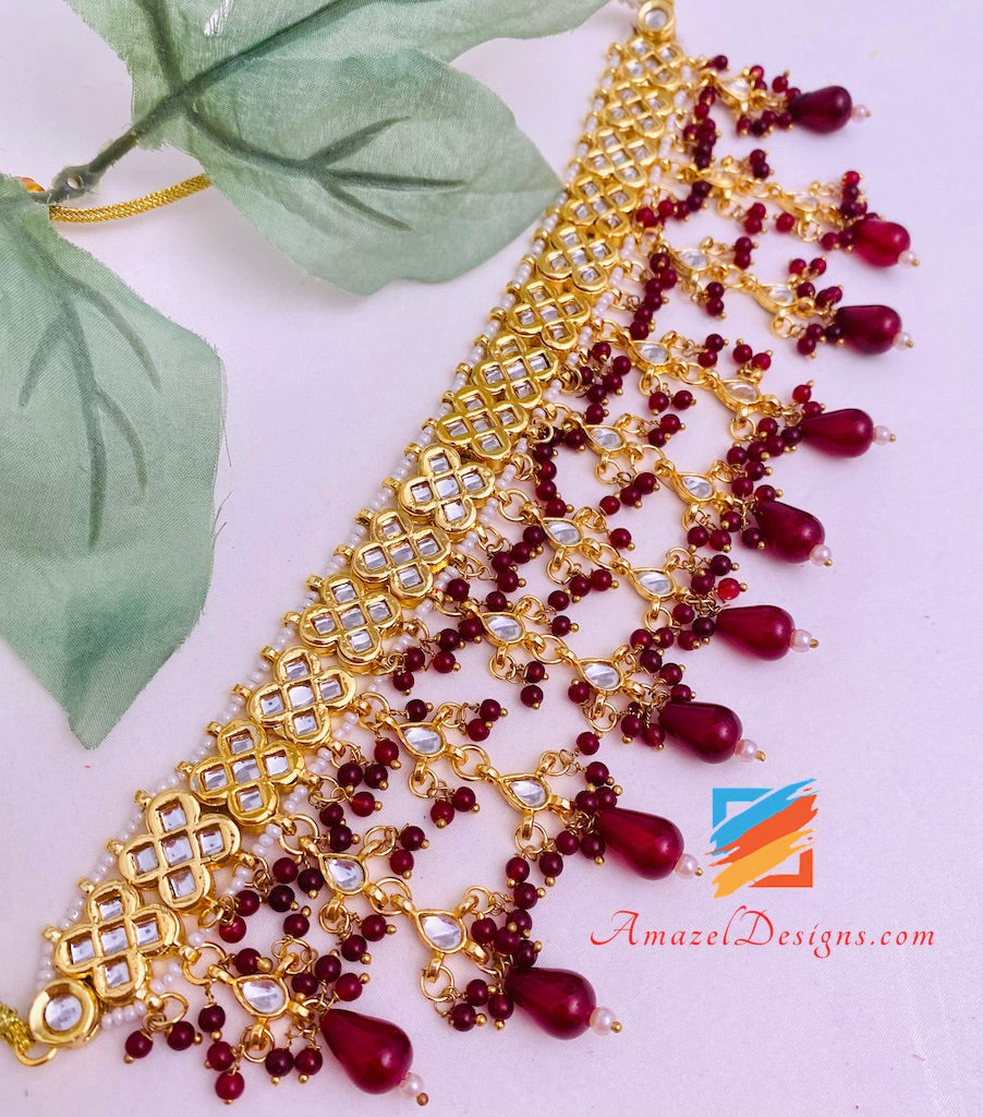 Ruby Maroon Kundan Flexible Necklace Earrings Tikka Set