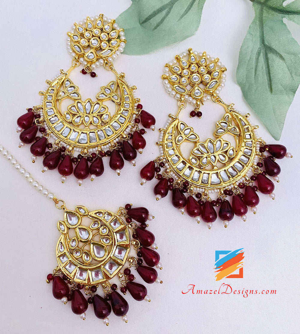 Ruby Maroon Kundan Flexible Necklace Earrings Tikka Set