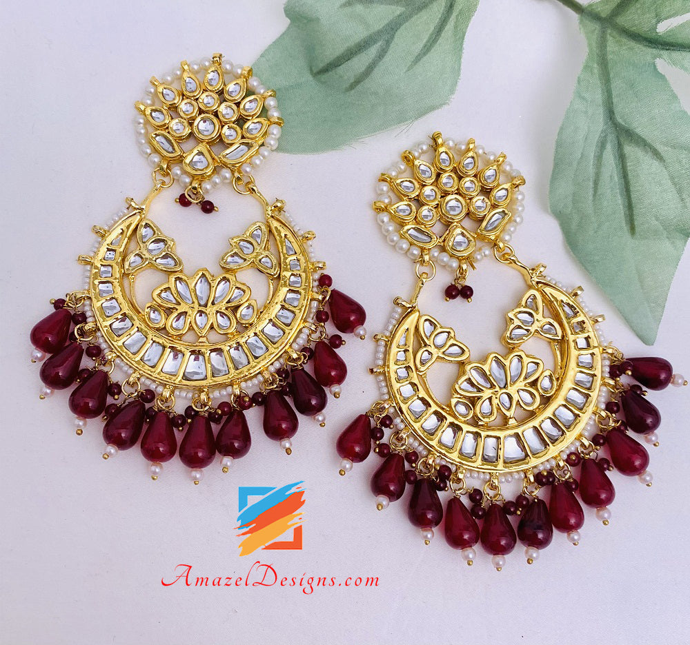 Ruby Maroon Kundan Flexible Necklace Earrings Tikka Set
