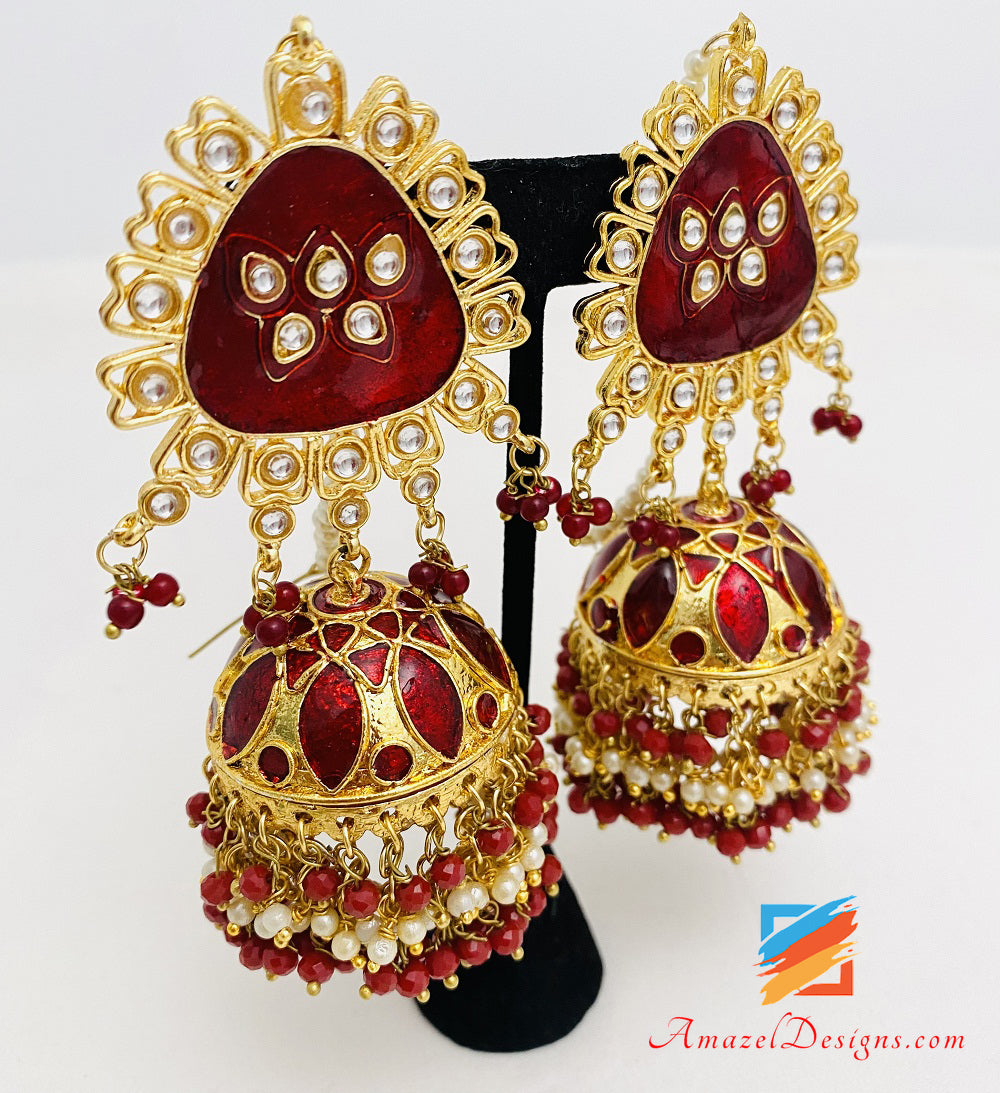 Ruby Maroon Kundan Maroon Jhumka Earrings Tikka Set