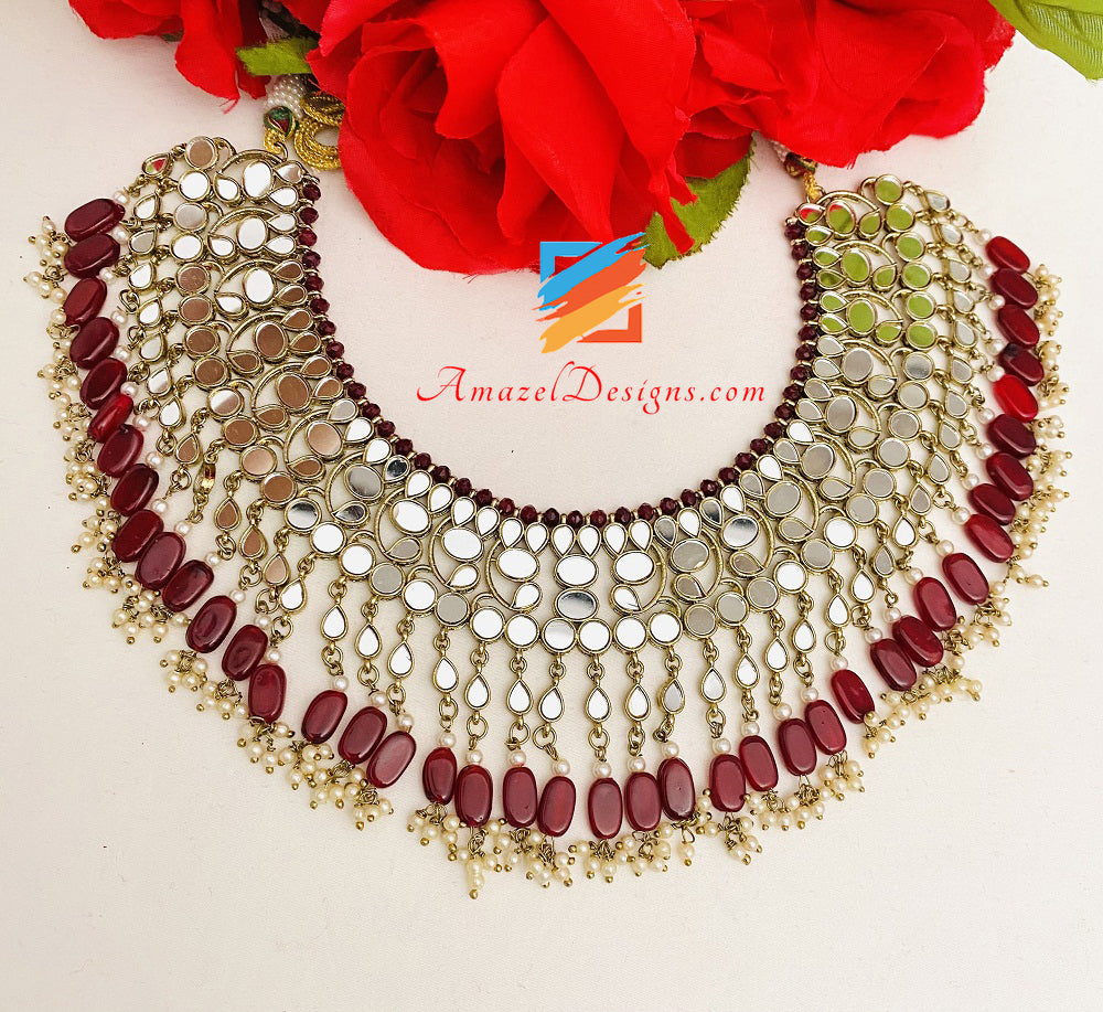 Ruby Maroon Mirror Lightweight Flexible Necklace Oversized Earrings Tikka Set