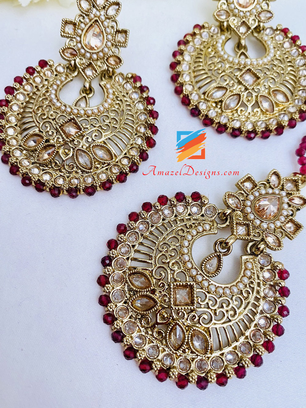 Ruby Maroon Polki Earrings Tikka Set Sahara