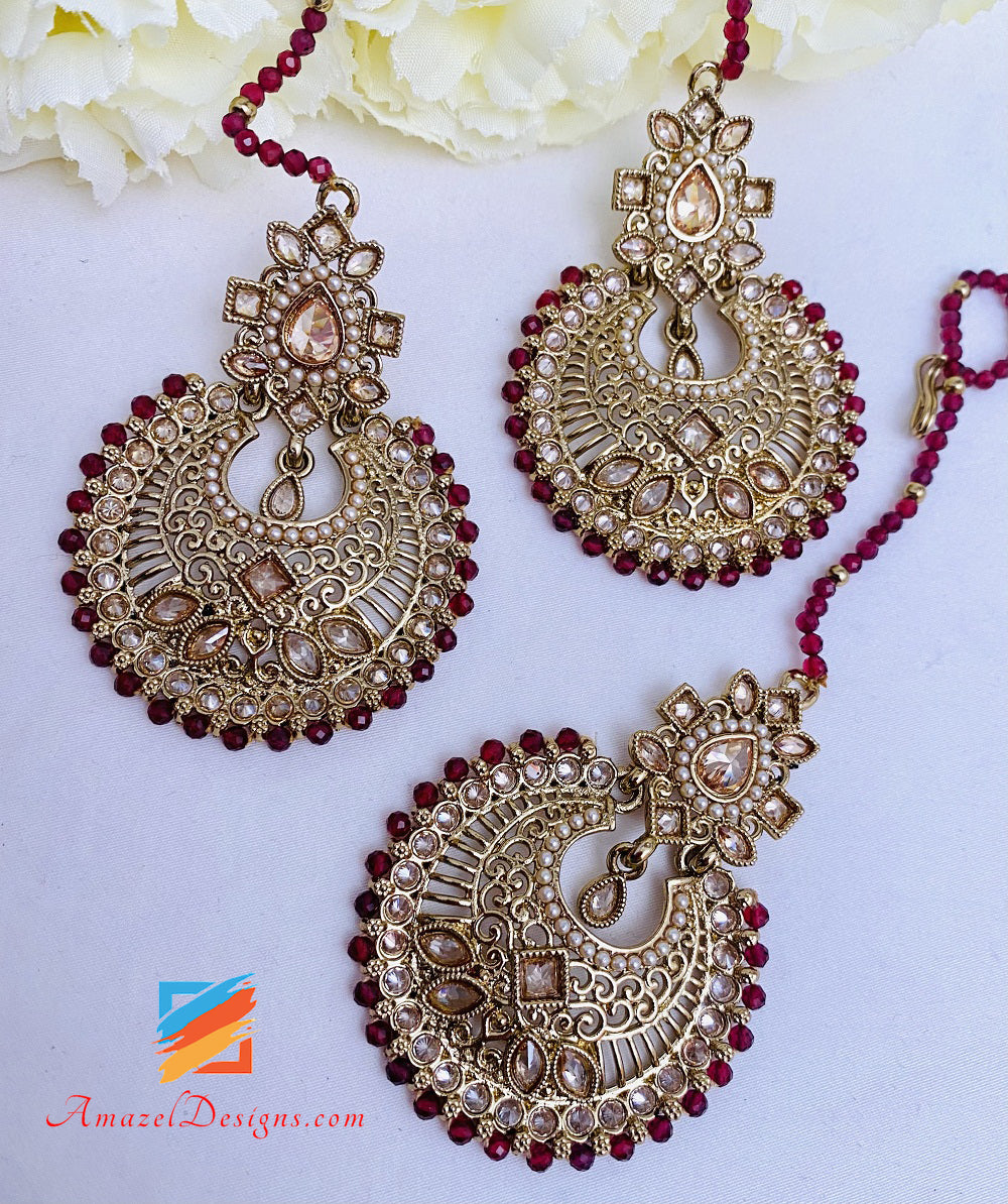Ruby Maroon Polki Earrings Tikka Set Sahara