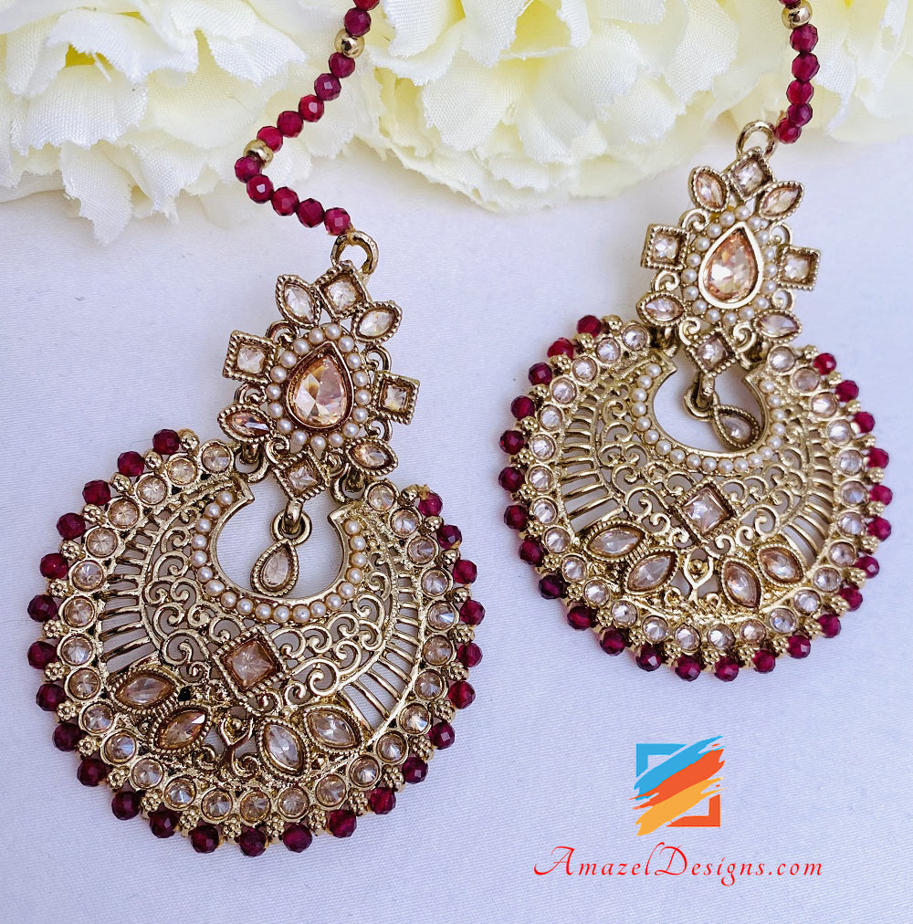 Ruby Maroon Polki Earrings Tikka Set Sahara