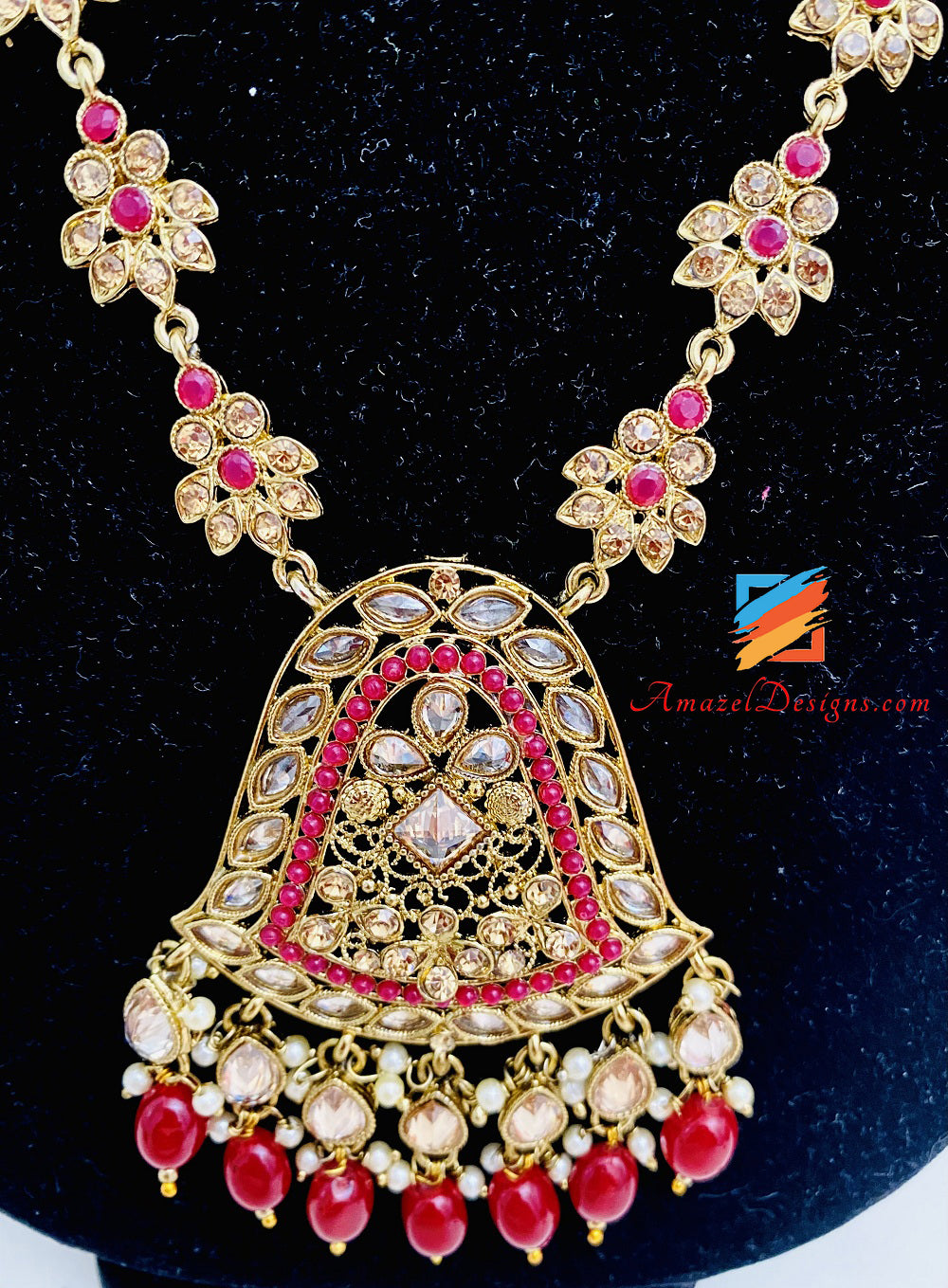 Ruby Polki Long Mala Earrings Tikka Set