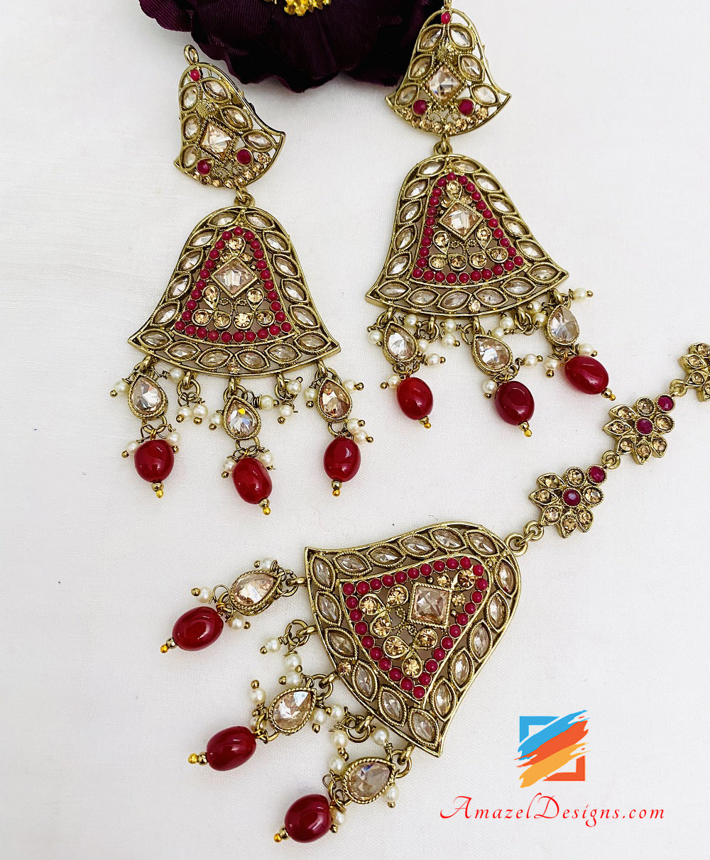 Ruby Polki Long Mala Earrings Tikka Set