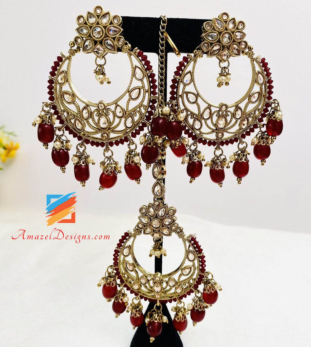 Rubin Polki Lange Mala Ohrringe Tikka Set